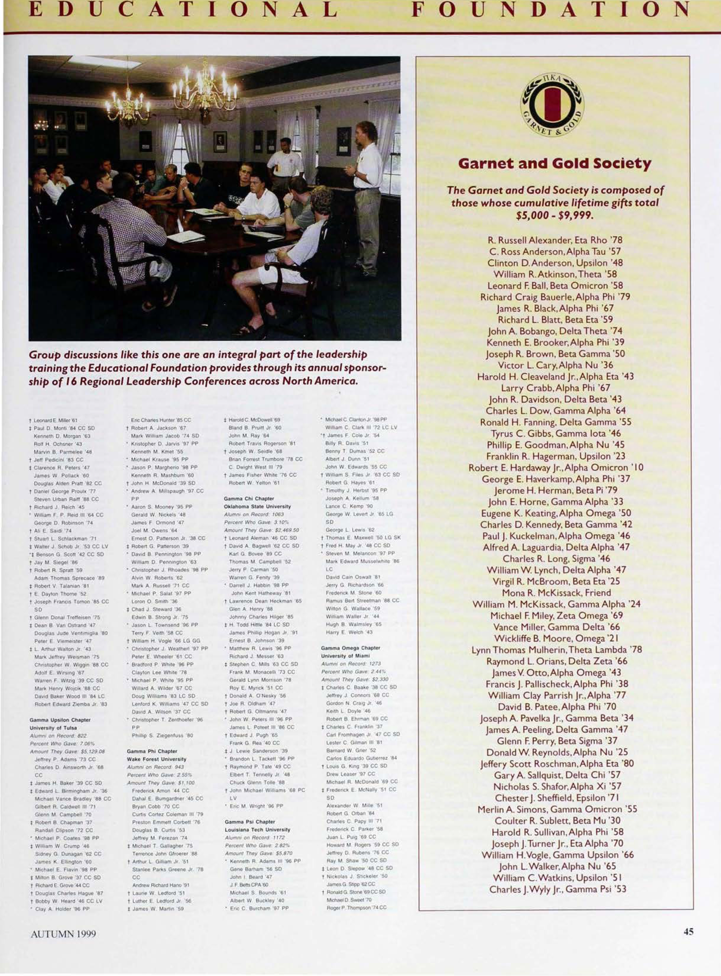 Garnet and Gold Society, Autumn 1999